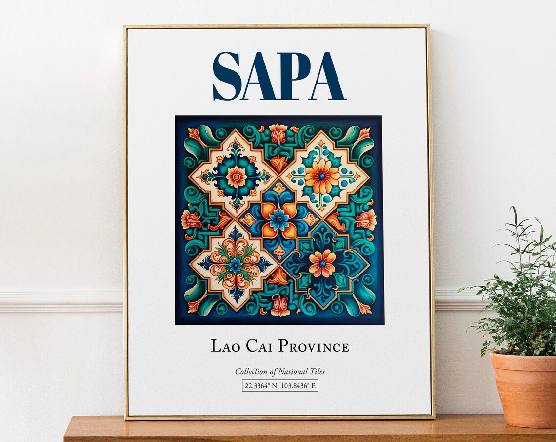 Sapa Vietnam Folk Traditional Tile Art Print, Bedroom
