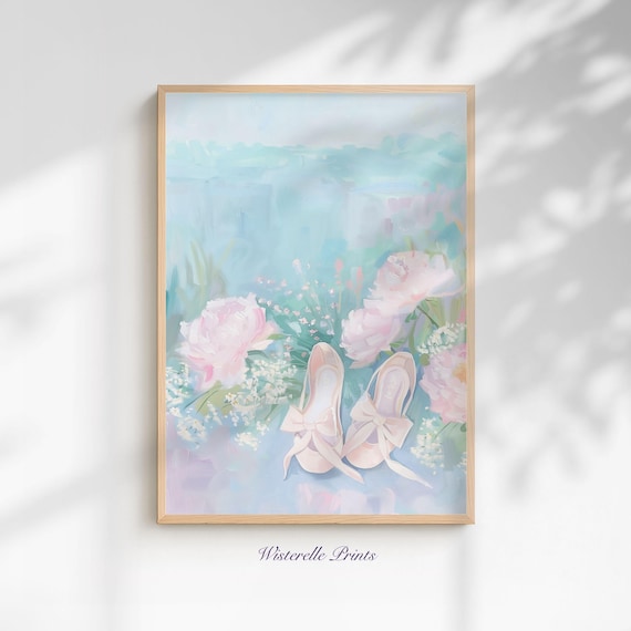 Pink Ballet Slippers with Bows Among Peonies Pastel Floral Art Poster