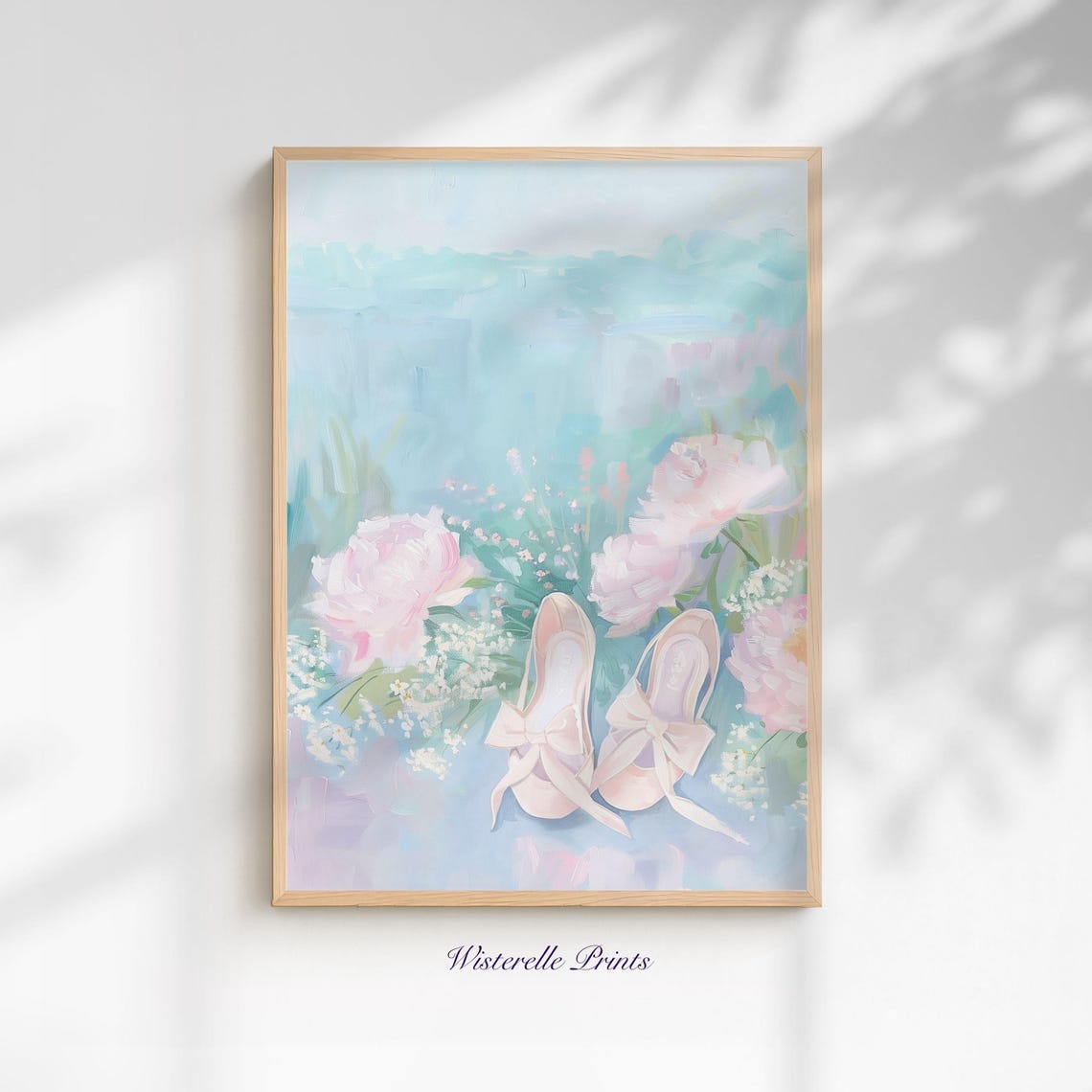 Pink Ballet Slippers with Bows Among Peonies Pastel Floral Art Poster