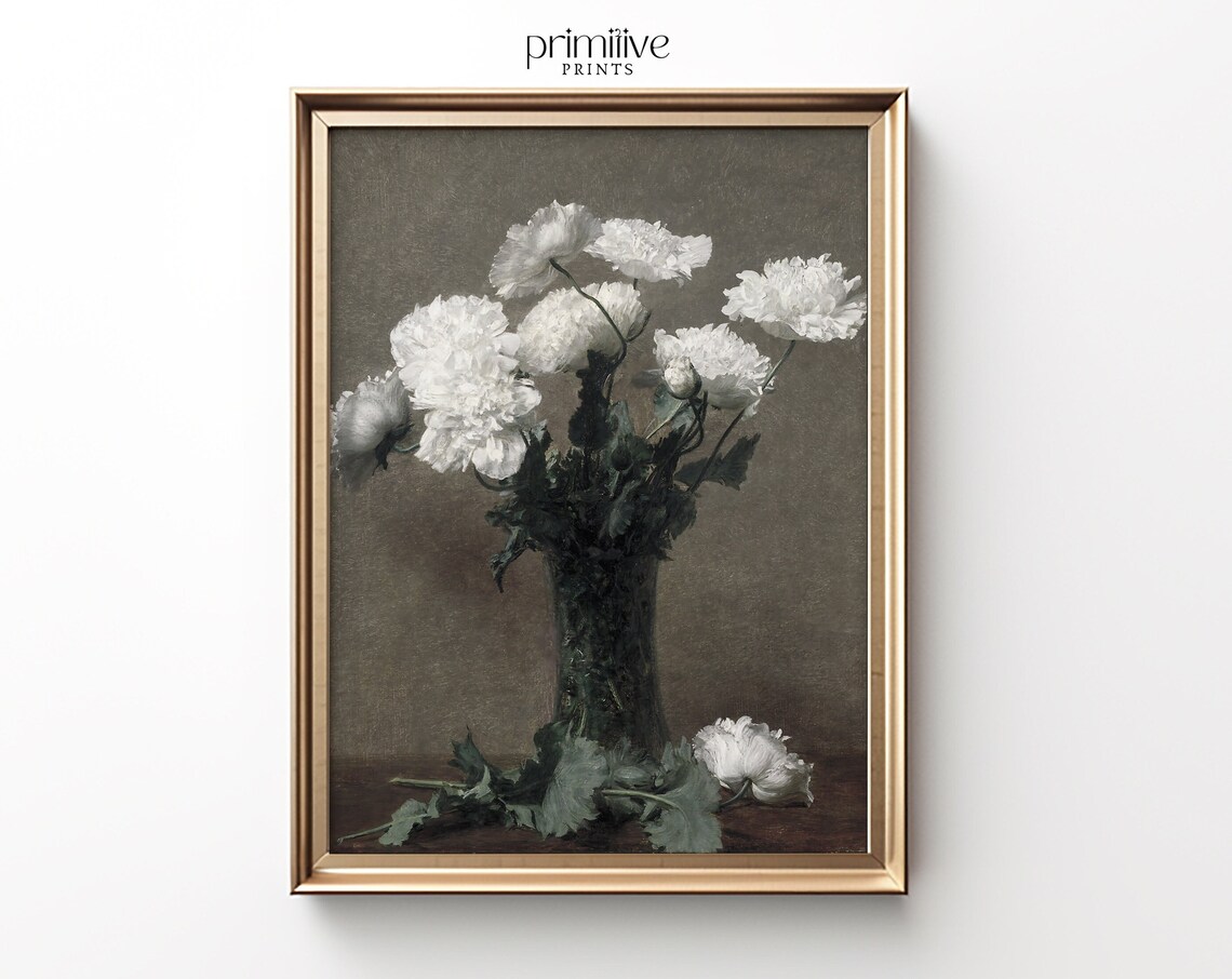 White Peonies in Glass Vase Dark Still Life Floral Oil Poster