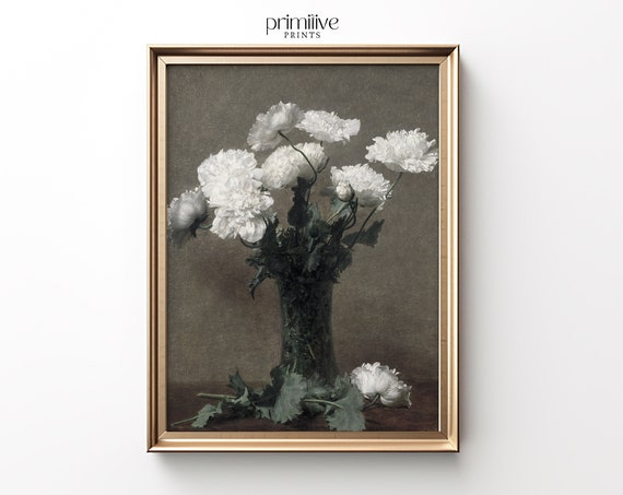 Moody Floral Painting Wall Art Dark Academia Print Country Home Decor White Petals Artwork Print 248