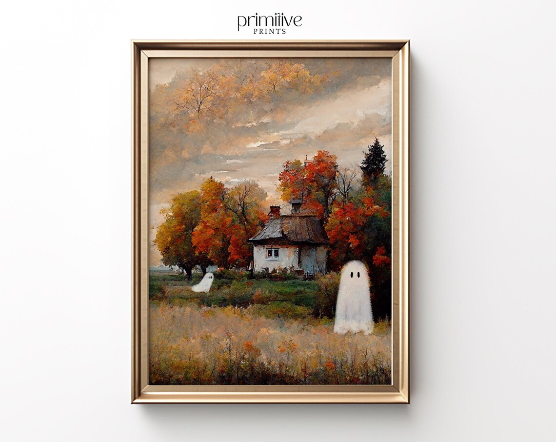 Little Ghosts Vintage Landscape Painting, Halloween Art Print