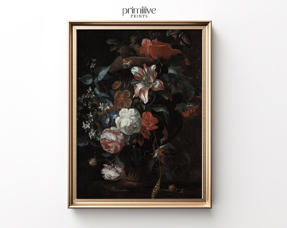 Dark Floral Print Art Print, Vintage Home Decor