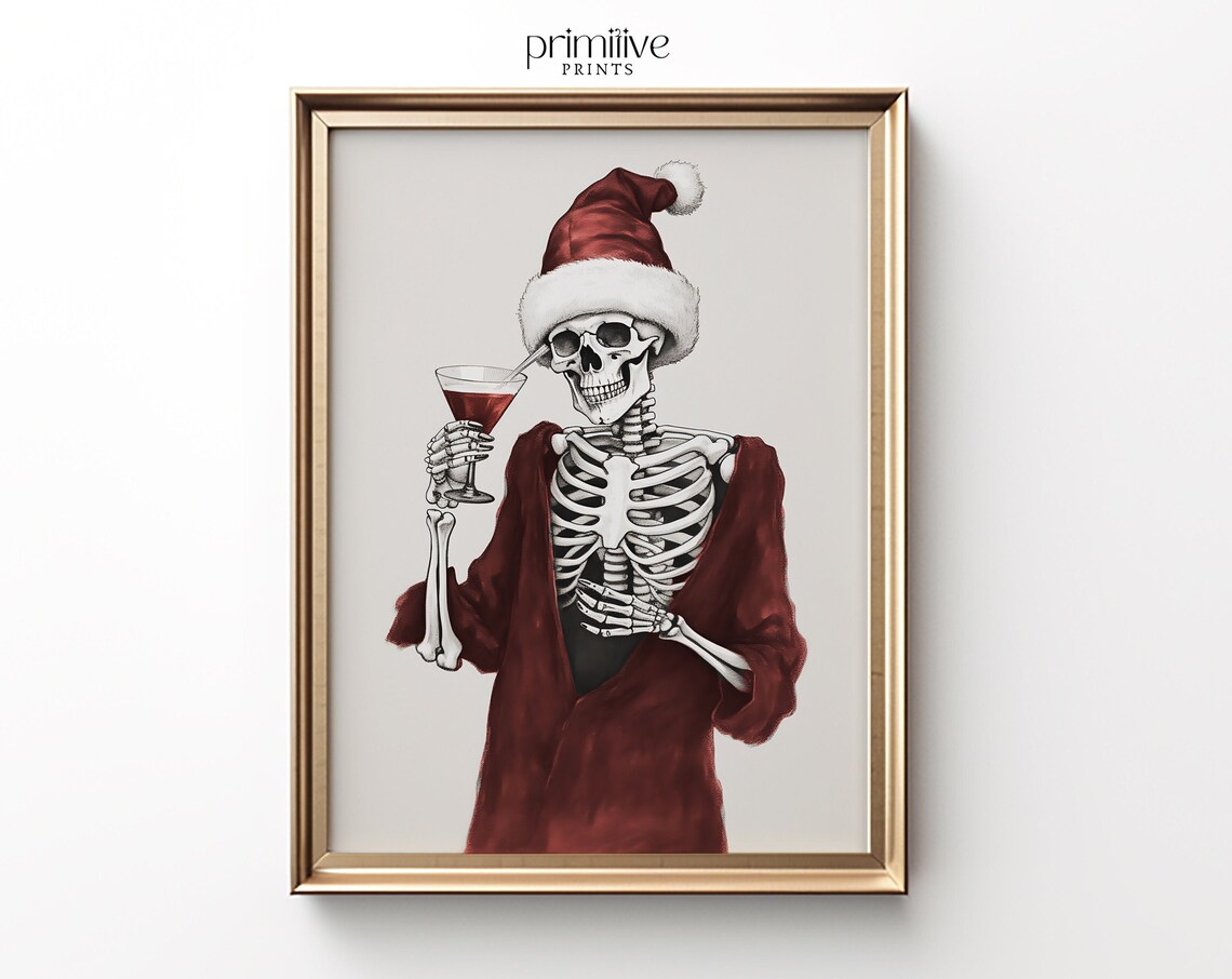 Santa Hat Skeleton Sipping Cocktail Funny Christmas Party Poster