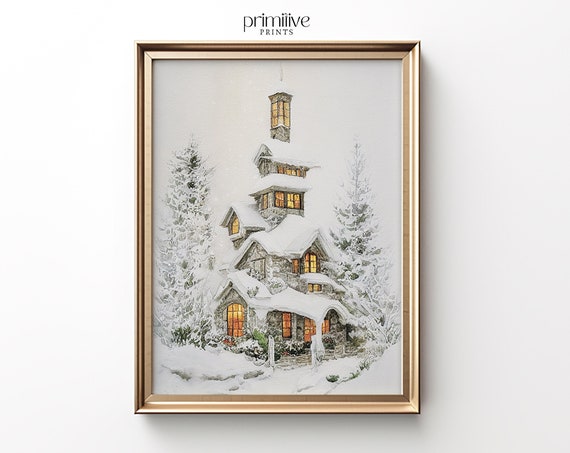 Winter Watercolor Print, Snowy Farmhouse Holiday Decor