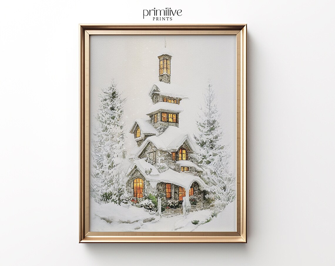 Winter Watercolor Print, Snowy Farmhouse Holiday Decor