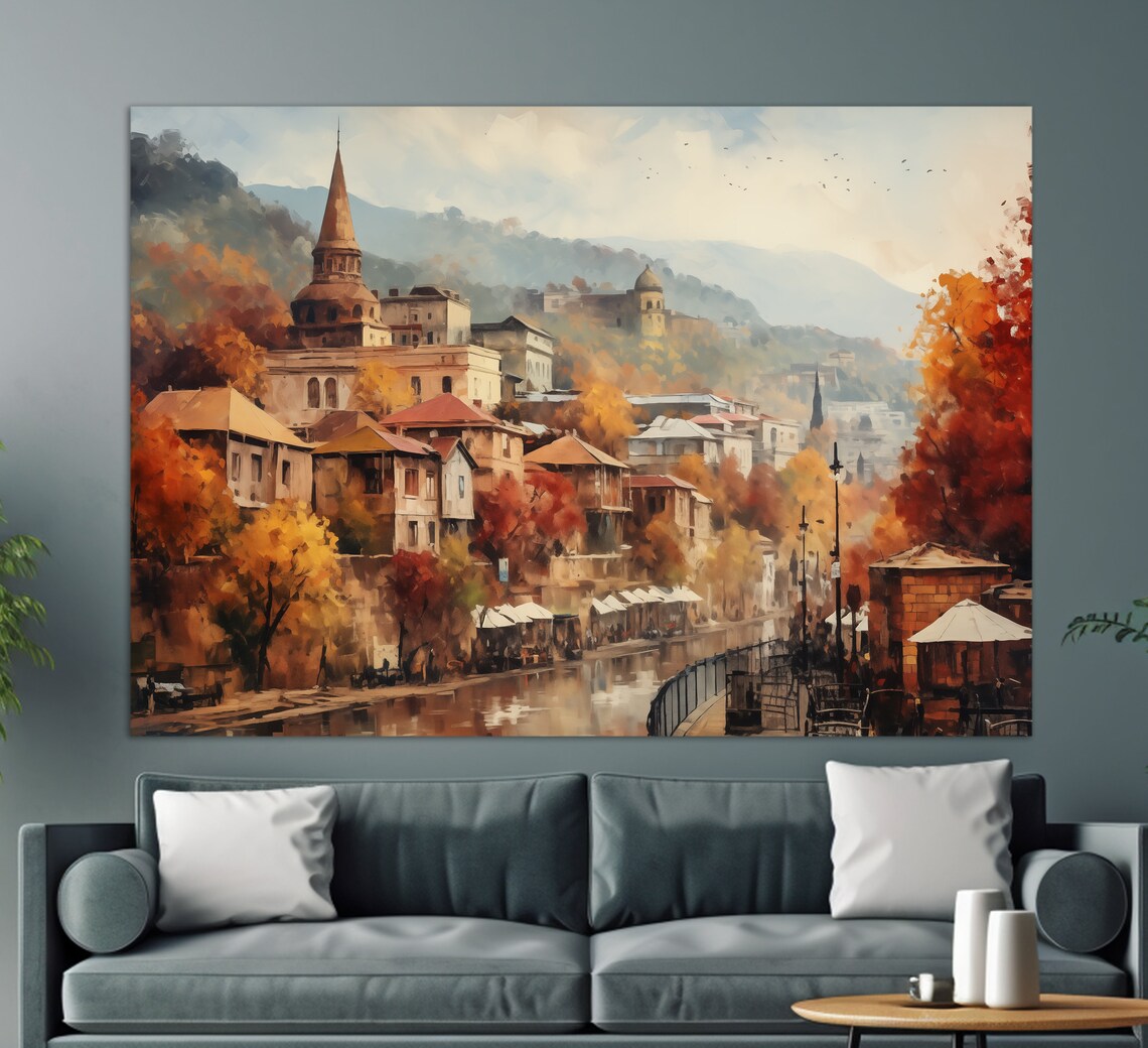Misty Autumn River Town Church Spire Golden Foliage Painting Poster