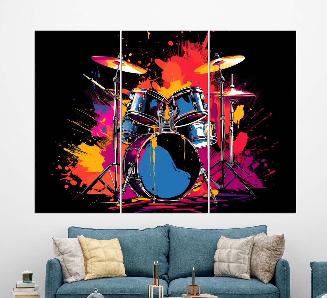 Neon Pop Art Drum Kit Colorful Paint Splash Black Background Music Poster - Image 3