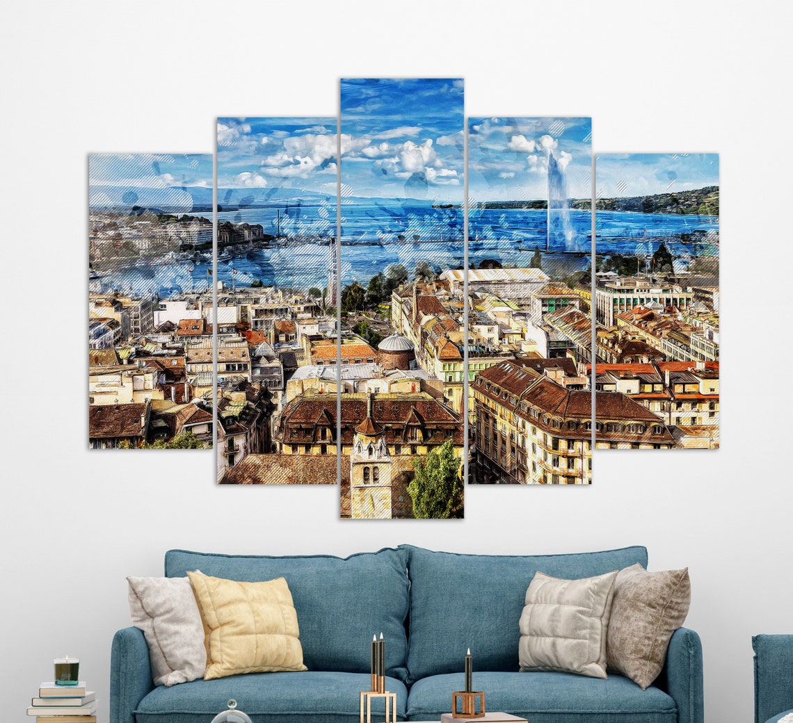 Geneva Switzerland Jet D'Eau Lake Geneva Old Town Triptych Wall Art - Image 4