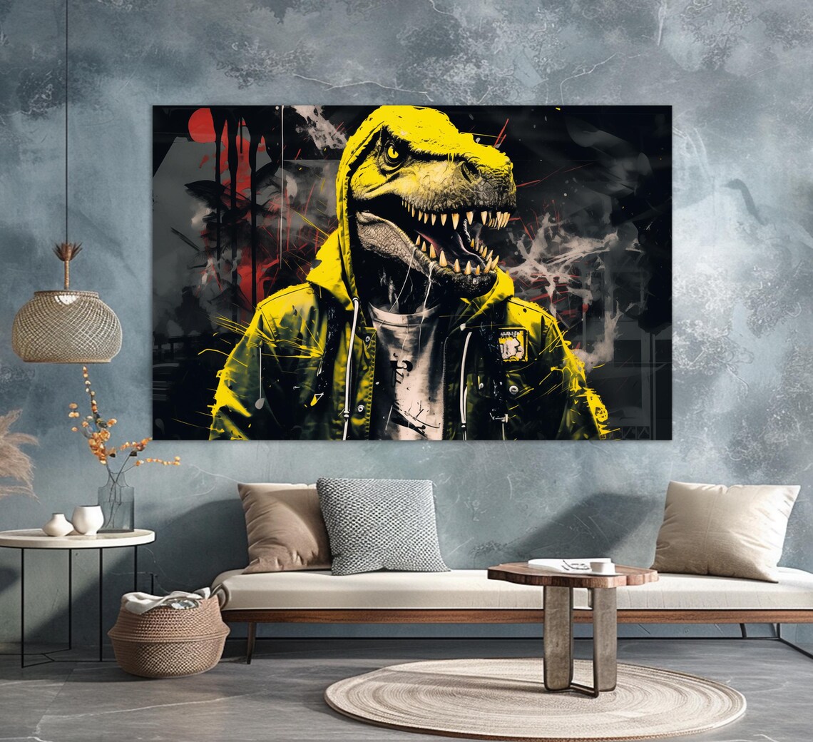 Dinosaur T Rex Yellow Hoodie Street Art Graffiti Cool Urban Poster