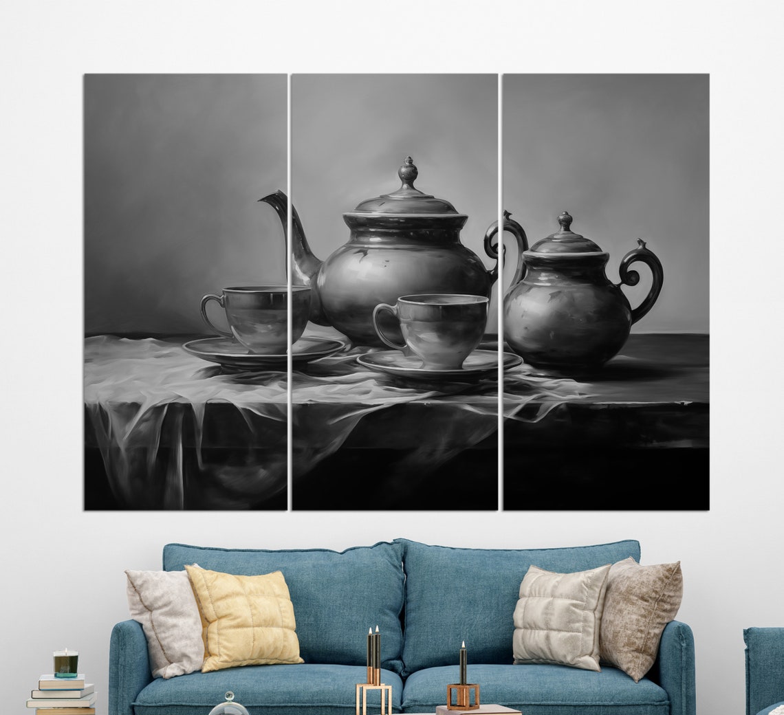 Antique Copper Tea Set Still Life Oil Painting Kitchen Decor Print - Image 2