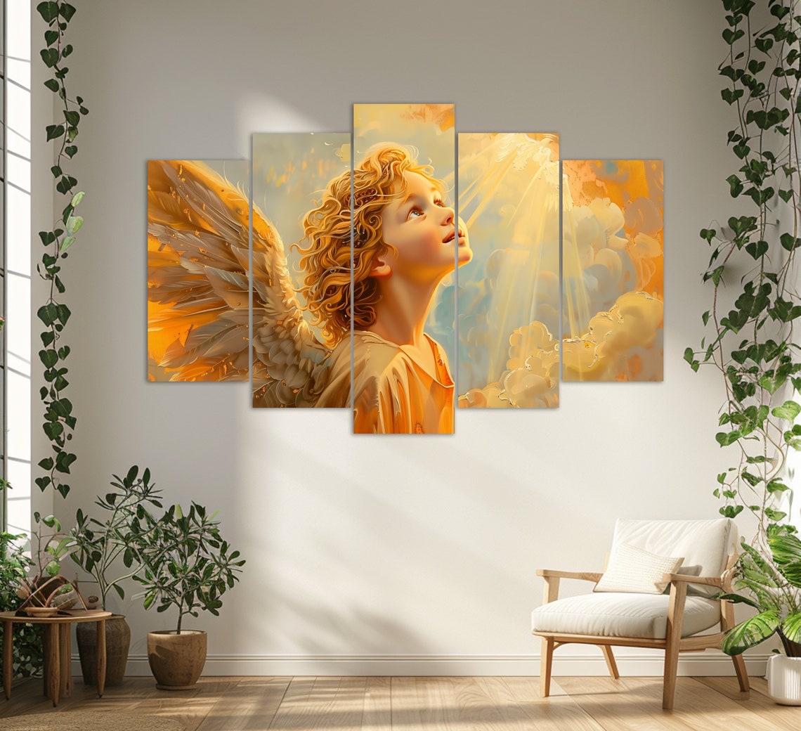 Beautiful Golden Angel Child Looking To Heavenly Light Wall Art - Image 4