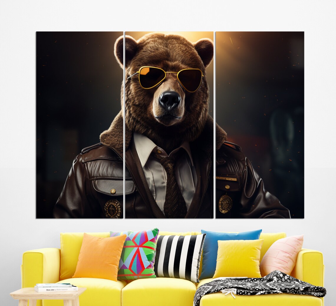 Bear Police Officer Sunglasses Leather Jacket Portrait Funny Animal Wall Art - Image 3