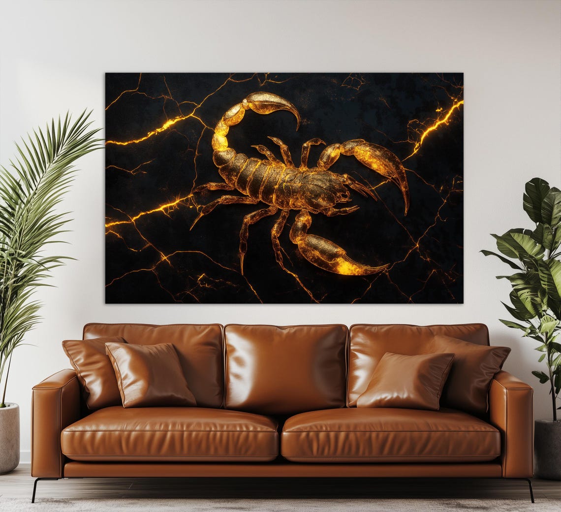 Golden Scorpio Scorpion On Black Marble Lightning Zodiac Sign Wall Art - Image 2