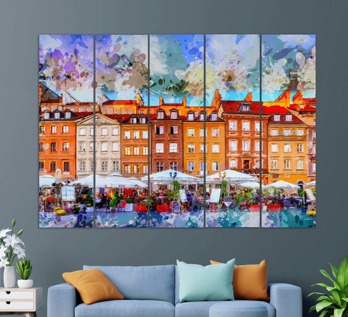 Warsaw Poland Old Town Square Watercolor Colorful Houses Travel Poster