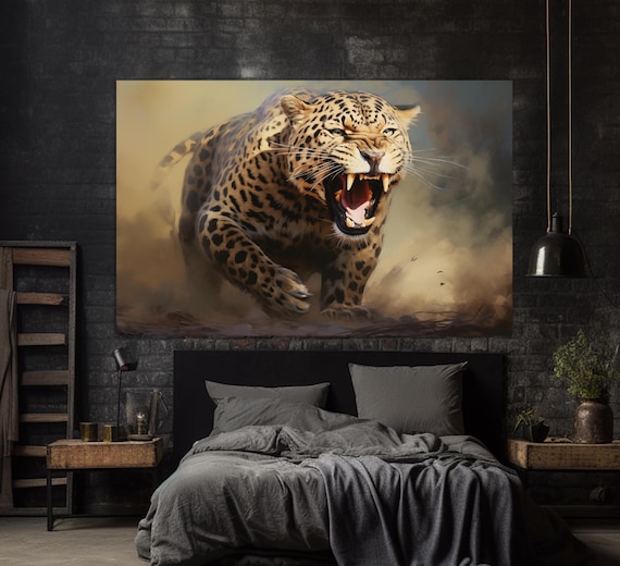 Roaring Leopard Lunging Golden Dust Dramatic Big Cat Wildlife Art Poster