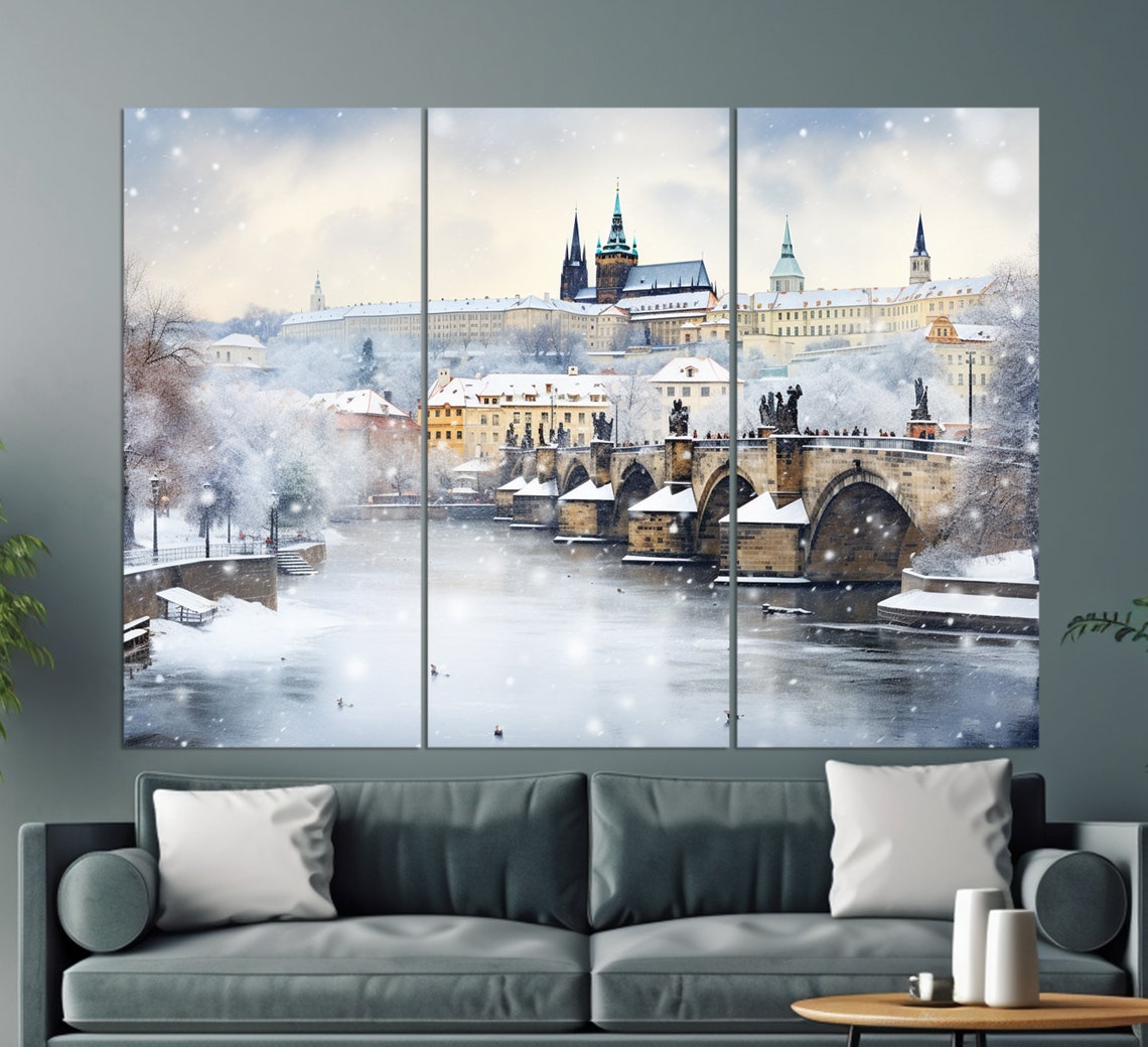 Winter Prague Charles Bridge Snow Falling Misty Old Town Travel Poster - Image 3