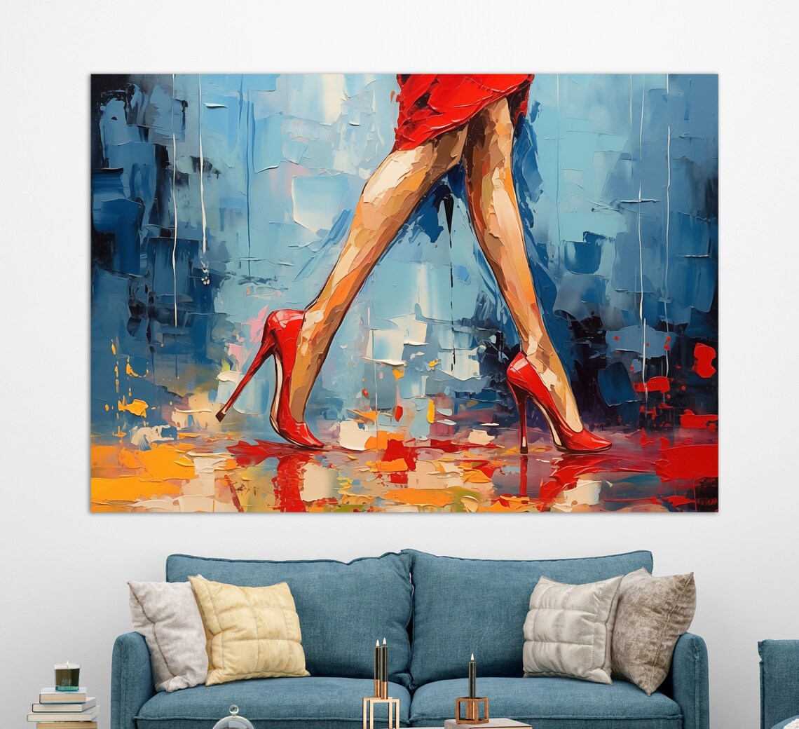 Lady In Red High Heels Walking Bold Impasto Fashion Painting Wall Art