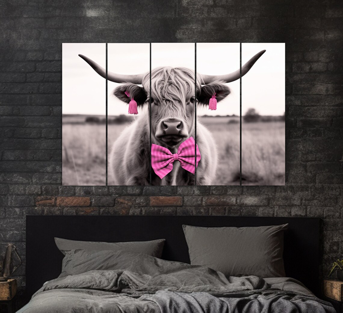 Highland Cow Pink Bow Tie Tassel Earrings Funny Animal Poster - Image 2