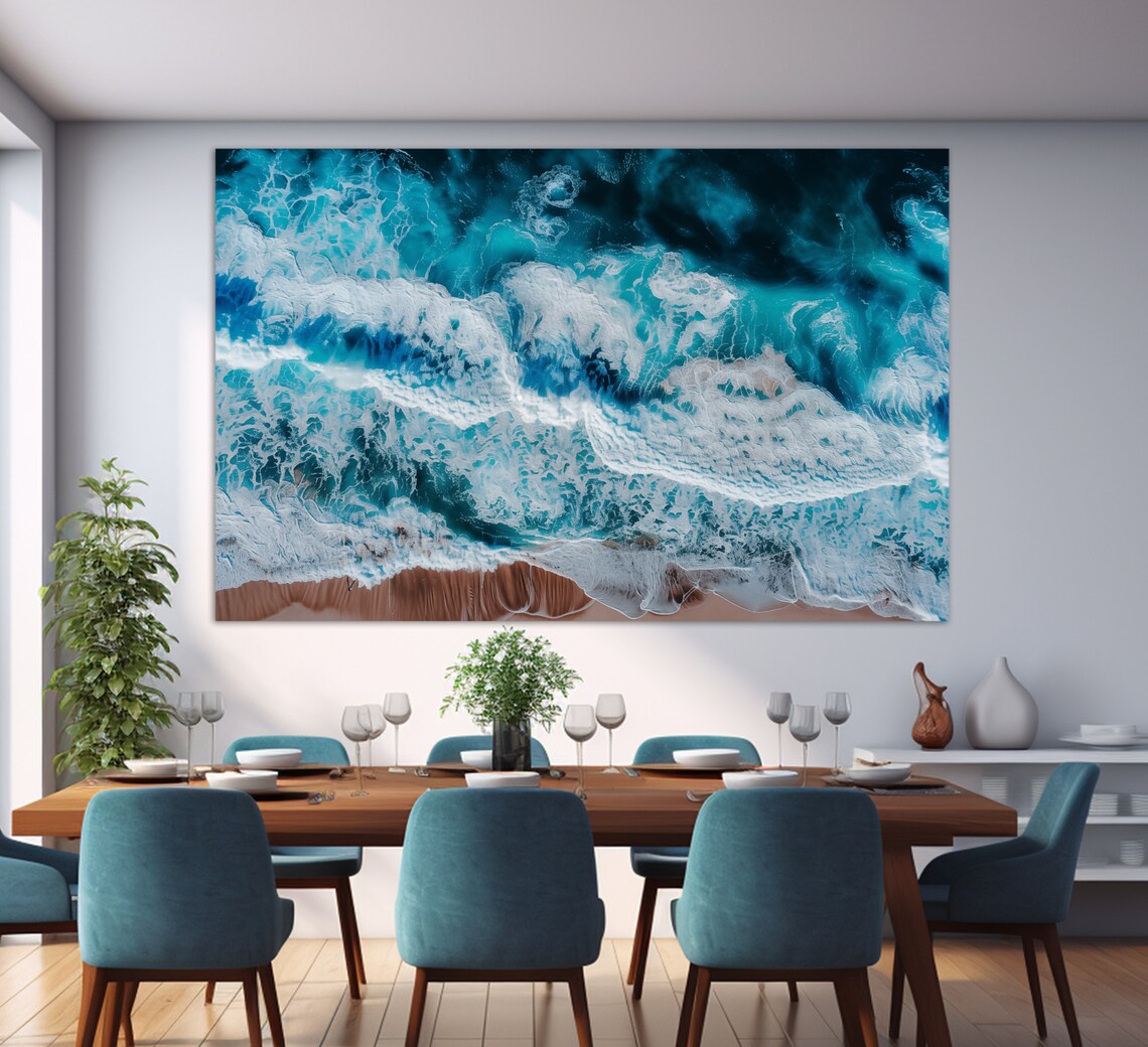 Aerial Ocean Waves Turquoise Sea White Foam Shore Nature Travel Poster - Image 3