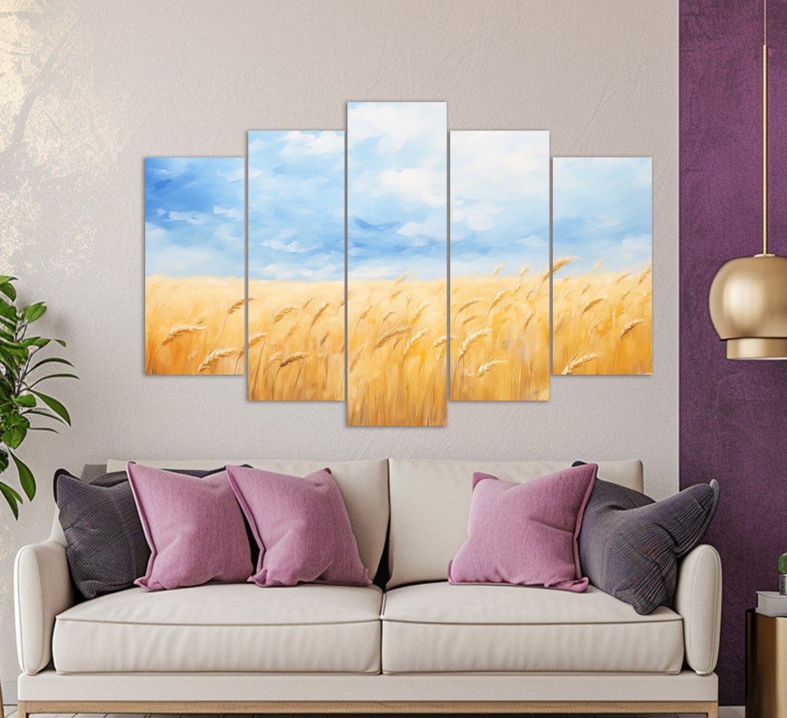Golden Wheat Field Under Blue Sky Three Panel Landscape Poster - Image 2