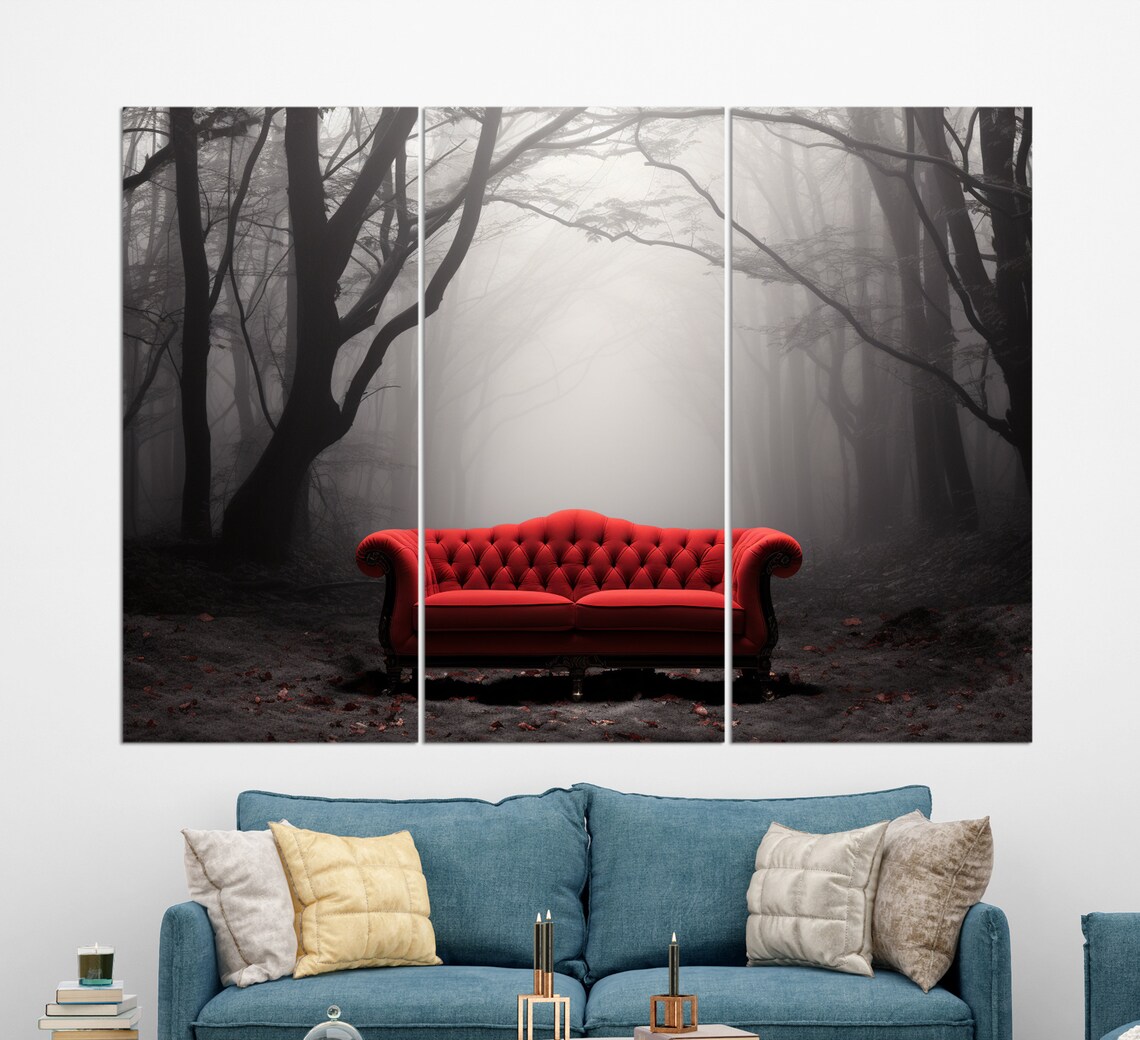 Red Sofa In Misty Forest Abstract Art Print - Image 3