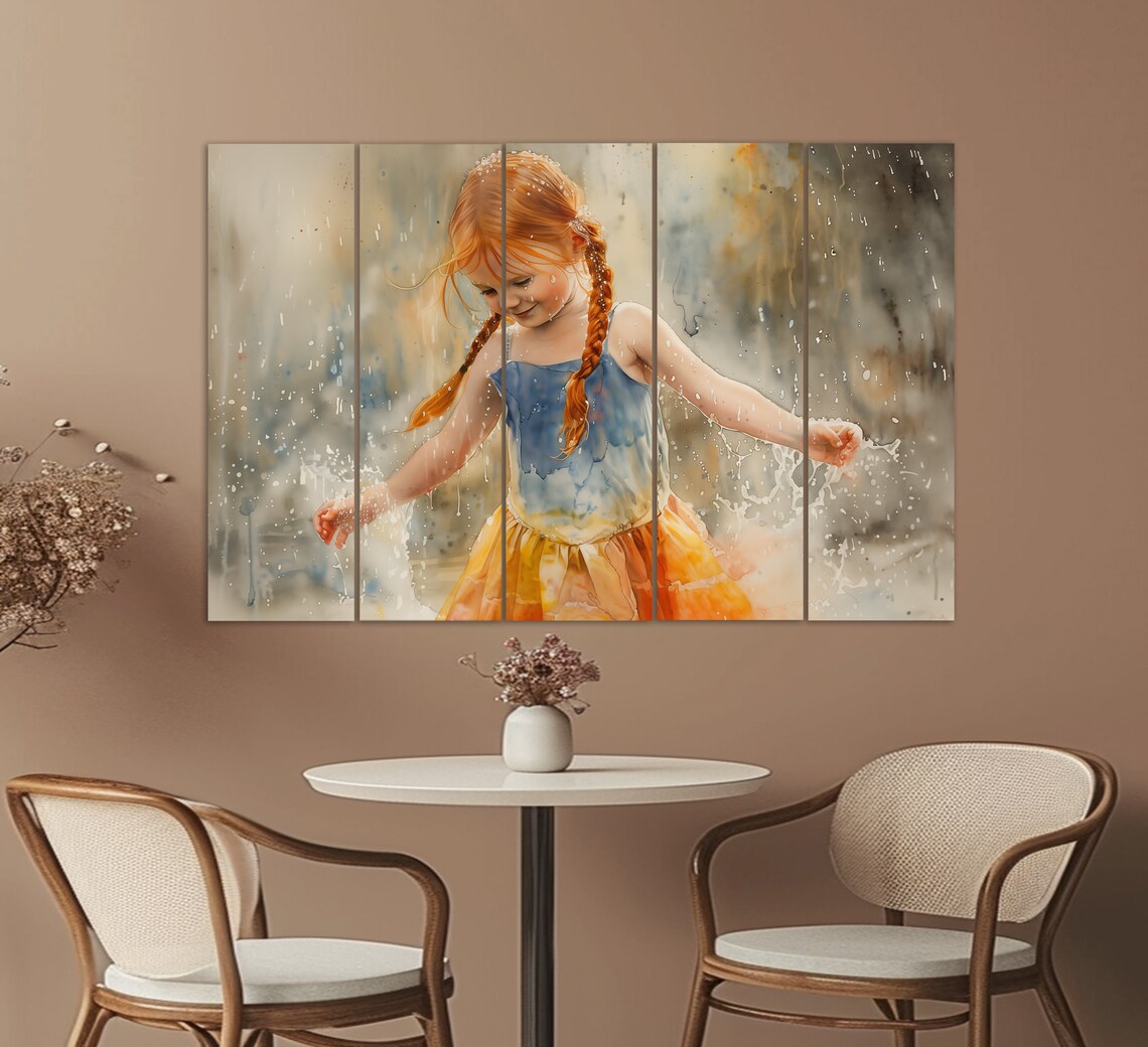 Red Haired Girl Braids Rain Splash Joyful Child Watercolor Wall Art Print - Image 2