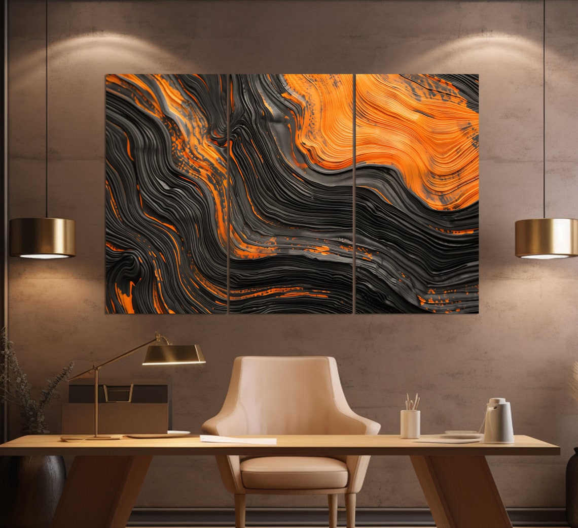 Abstract Black Orange Flowing Marble Swirl Modern Wall Art Print - Image 3