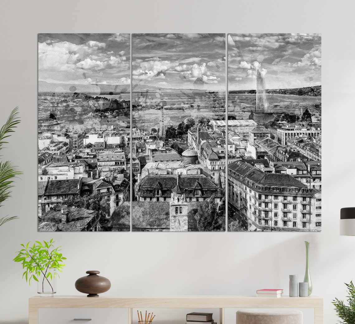 Geneva Switzerland Jet D'Eau Lake Geneva Old Town Triptych Wall Art - Image 3