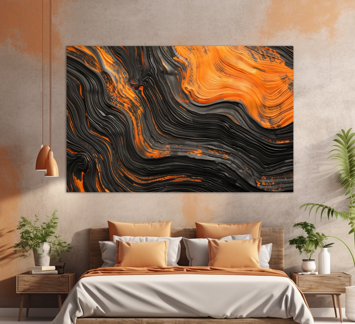 Abstract Black Orange Flowing Marble Swirl Modern Wall Art Print