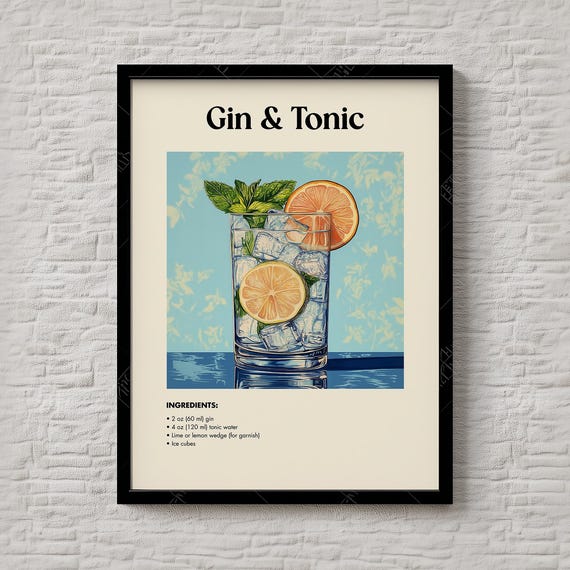 Gin And Tonic Cocktail Print Crisp Botanical Drink Poster Modern Bar Wall Art Refreshing Home Decor Instant 017