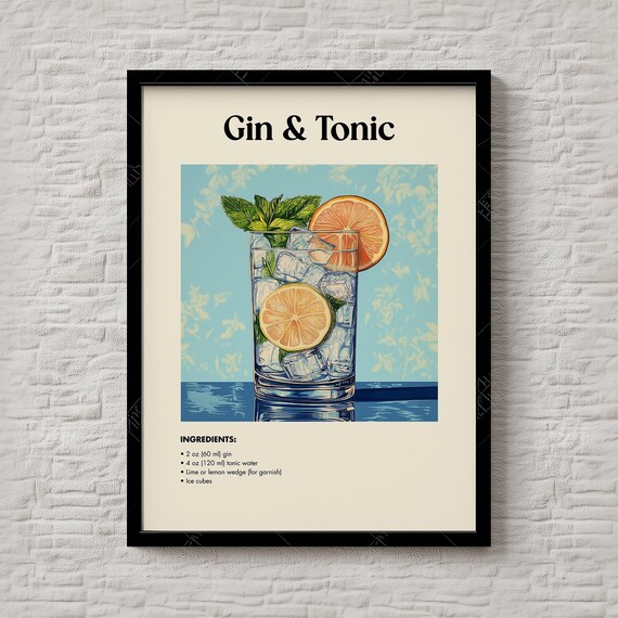 Gin and Tonic Crisp Botanical Cocktail Recipe Retro Illustration Poster