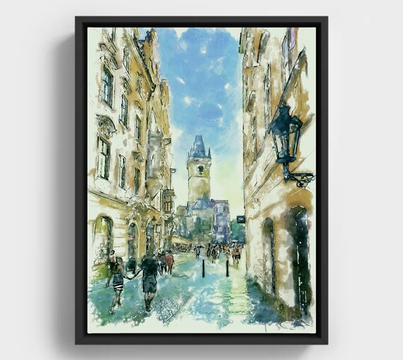 Prague Old Town Hall Watercolor European Cityscape Art