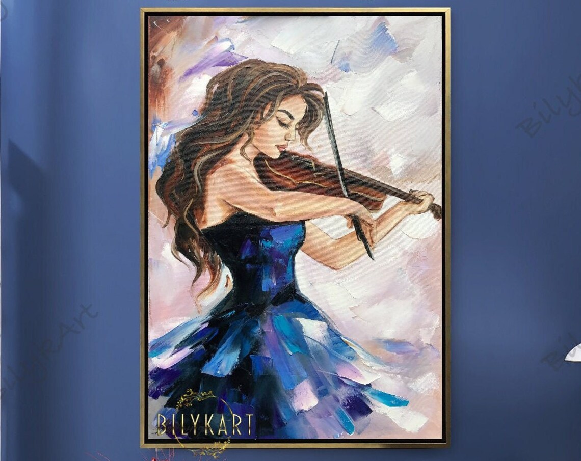 Beautiful Woman With Violin Oil Painting Abstract Girl Wall Art Young Lady Gift Music Art Luxury Painting Royal Blue Wall Art Musician Decor - Image 2