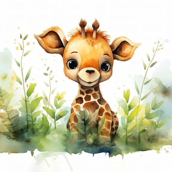 Sweet Baby Giraffe Watercolor Safari Animal Nursery Wall Art