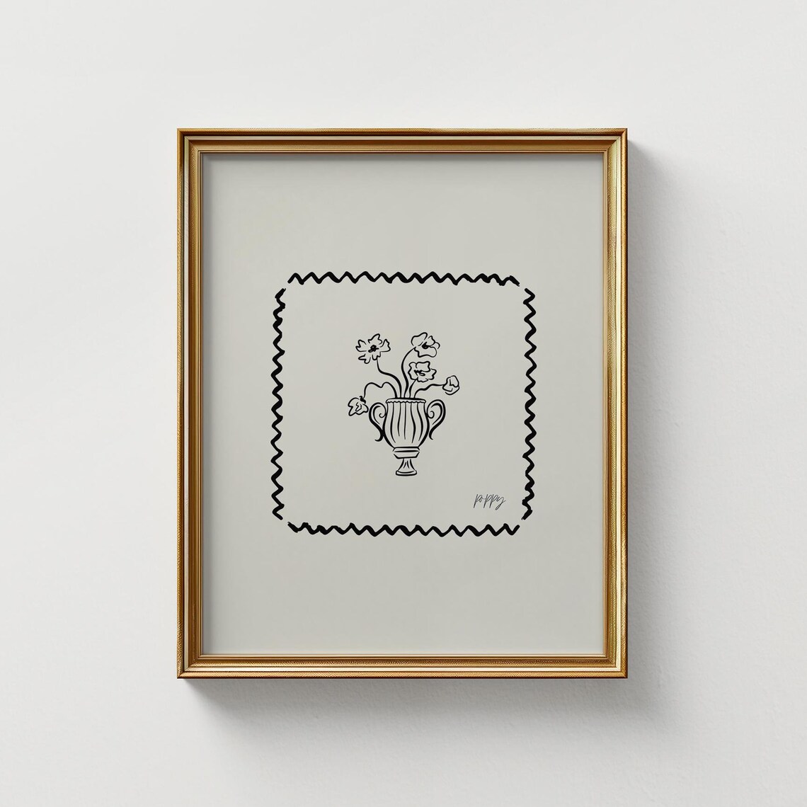 Black Floral Urn Stamp Border Line Art Cream Minimal Wall Art Poster