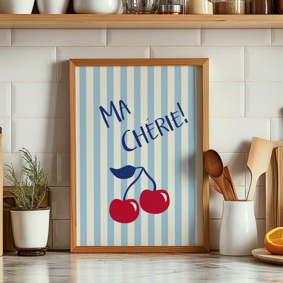 Ma Chrie Poster French Cherry Typography Print Retro Kitchen Wall Art With Blue Stripes