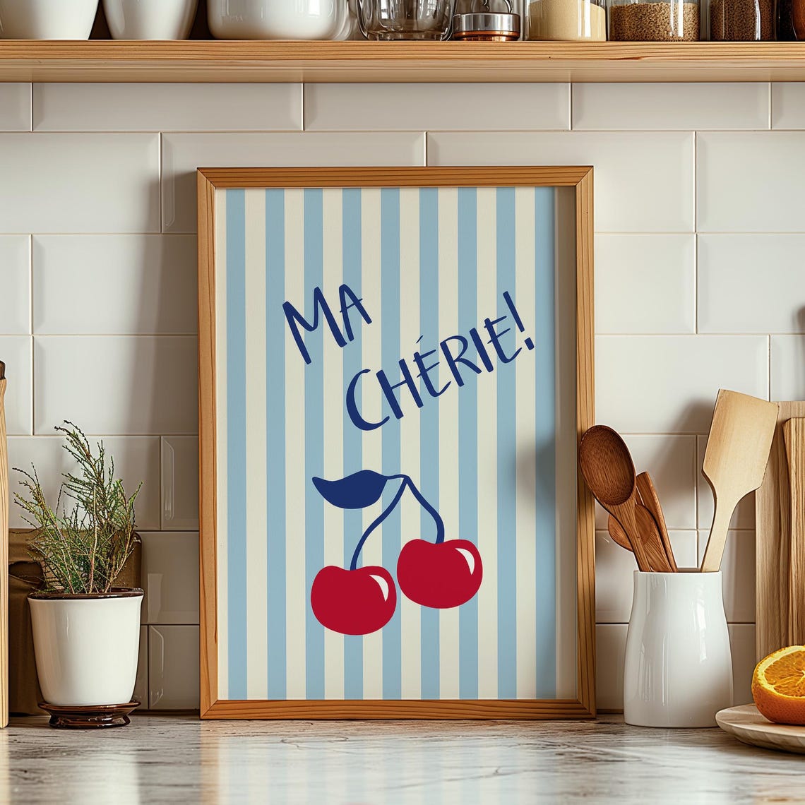 Ma Cherie French Cherry Typography Blue Striped Kitchen Decor Poster