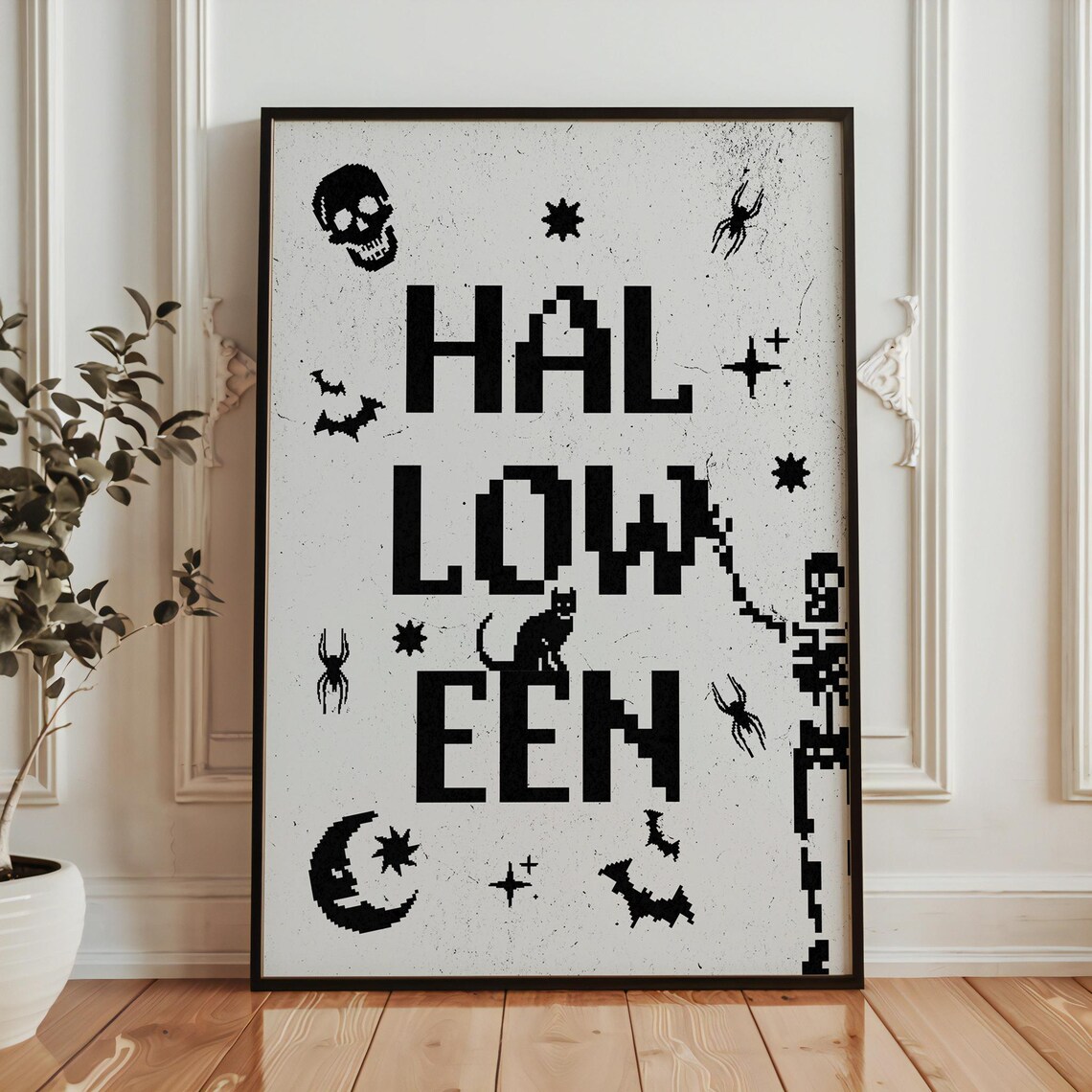 8 Bit Pixel Halloween Party Poster in Black and White Spooky Style