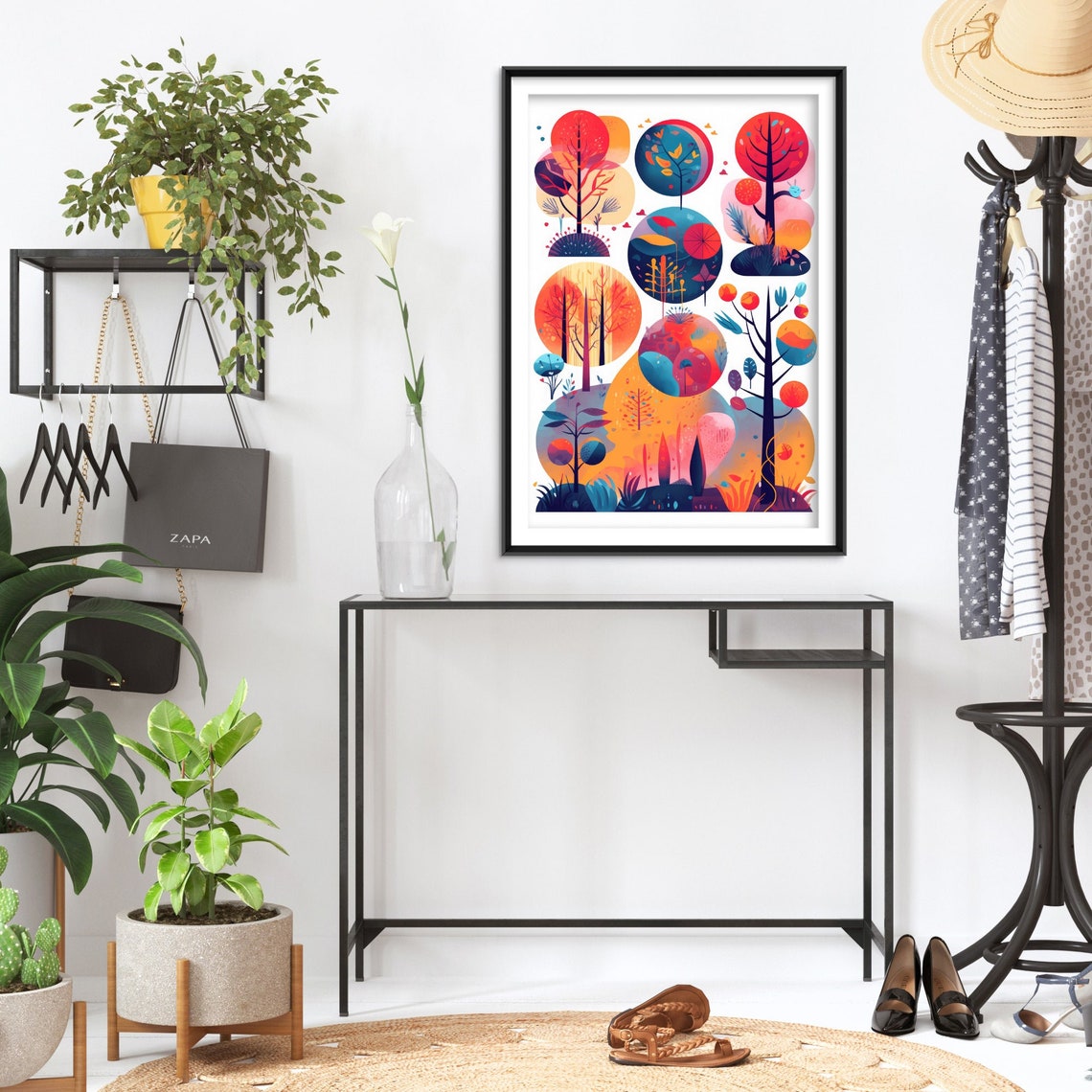 Whimsical Autumn Tree Collection in Sunset Circles Folk Art Poster - Image 2