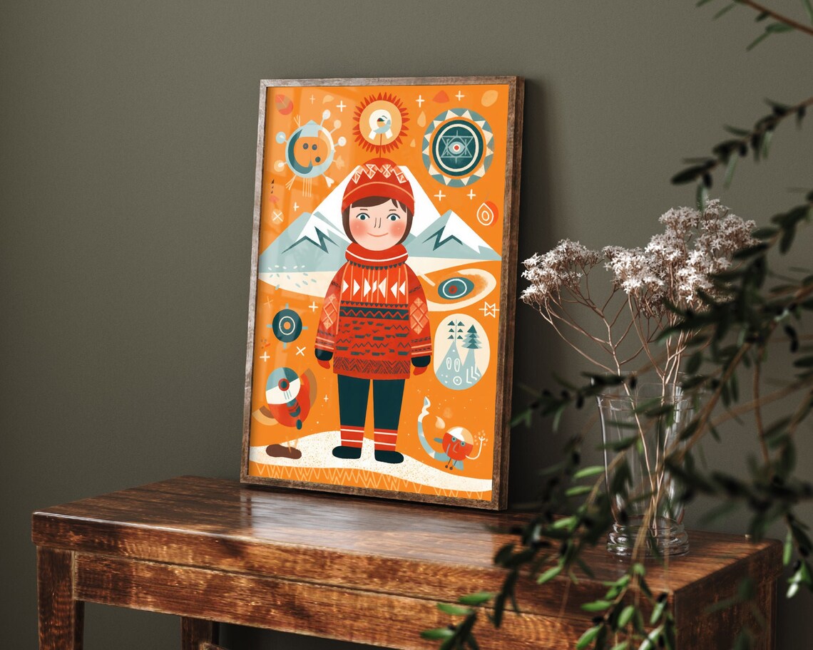 Norwegian Winter Child Folk Illustration Scandinavian Style Poster