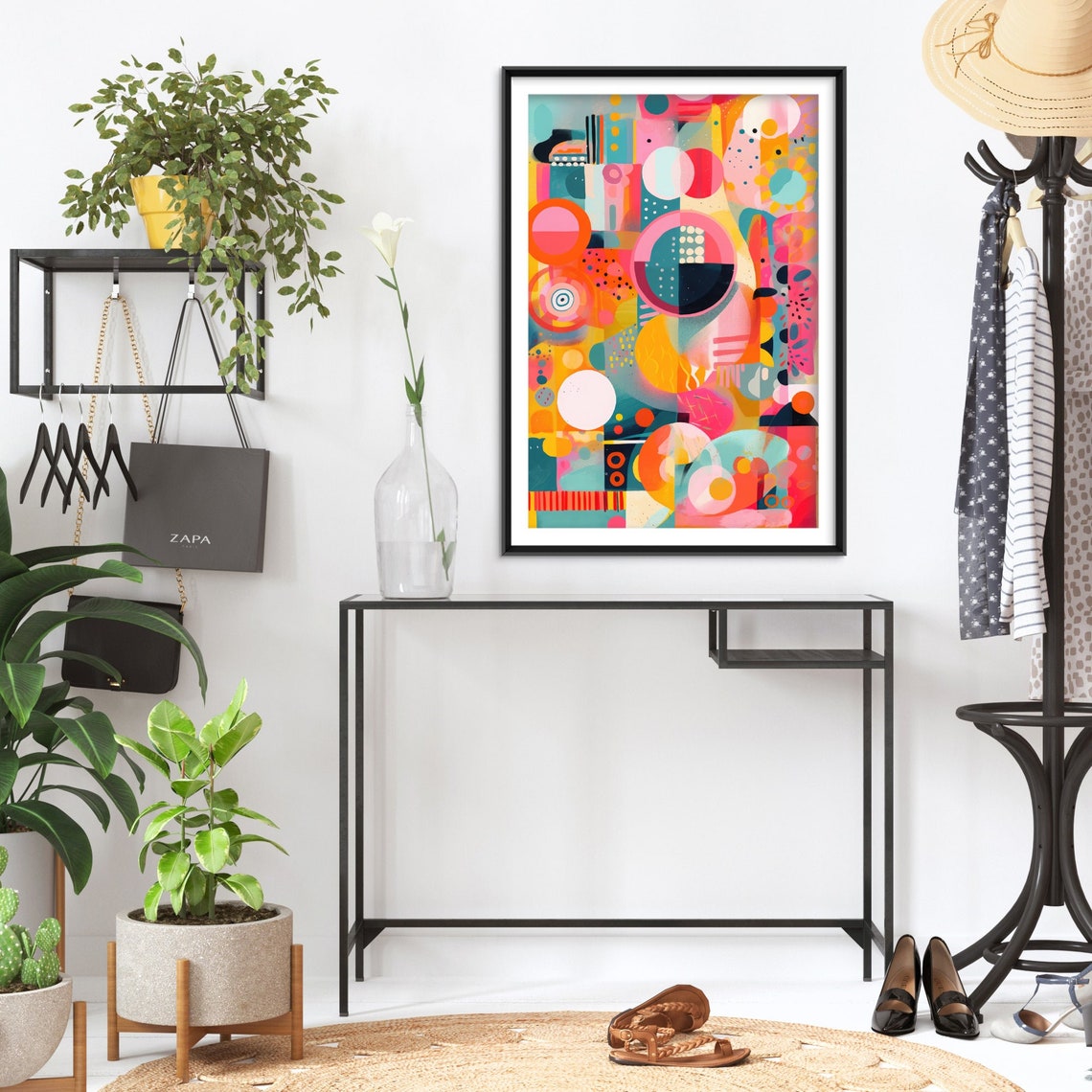 Playful Mid Century Abstract Circles in Coral and Teal Poster - Image 2