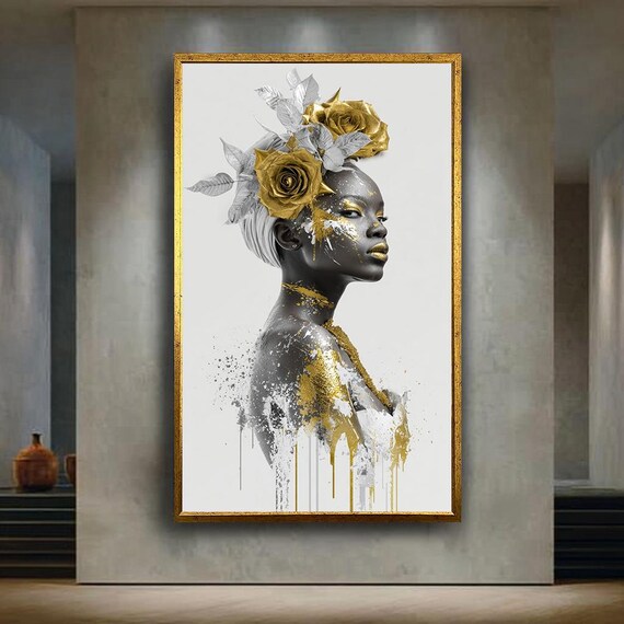 Luxury Golden Rose Portrait Canvas Wall Art Modern Abstract Woman Print With Black And Gold Glam Style For Elegant Home Decor