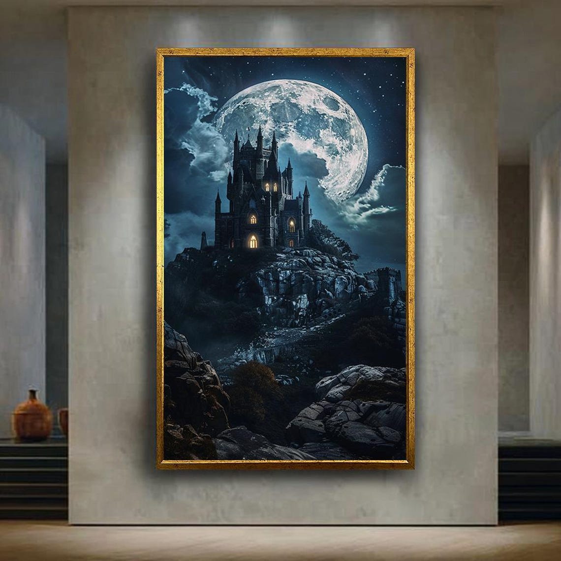 Dark Gothic Castle on a Rocky Hill Beneath a Giant Moon Poster