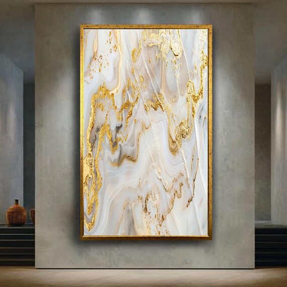 White Grey And Gold Marble Canvas Wall Art With Abstract Fluid Painting Texture Modern Luxury Minimalist Home Decoration