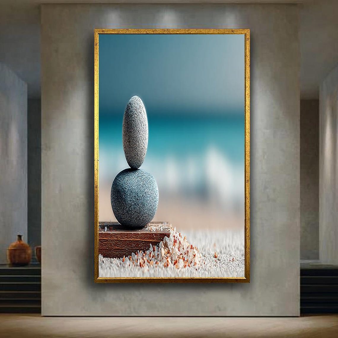 Minimal Zen Beach Canvas Wall Art With Balanced Stones On Sand Calm Ocean Print For Spa Coastal Or Meditation Room Decor