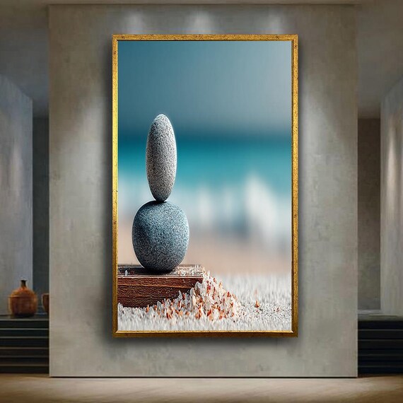 Minimal Zen Beach Canvas Wall Art With Balanced Stones On Sand Calm Ocean Print For Spa Coastal Or Meditation Room Decor