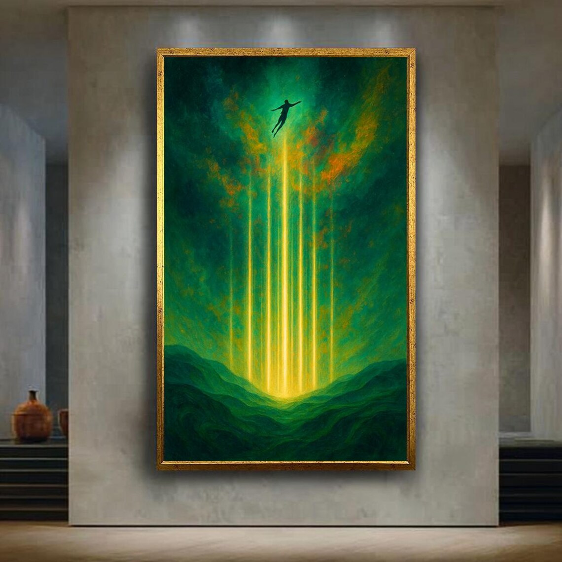 Silhouette Rising Through Golden Light Beams Spiritual Art Poster