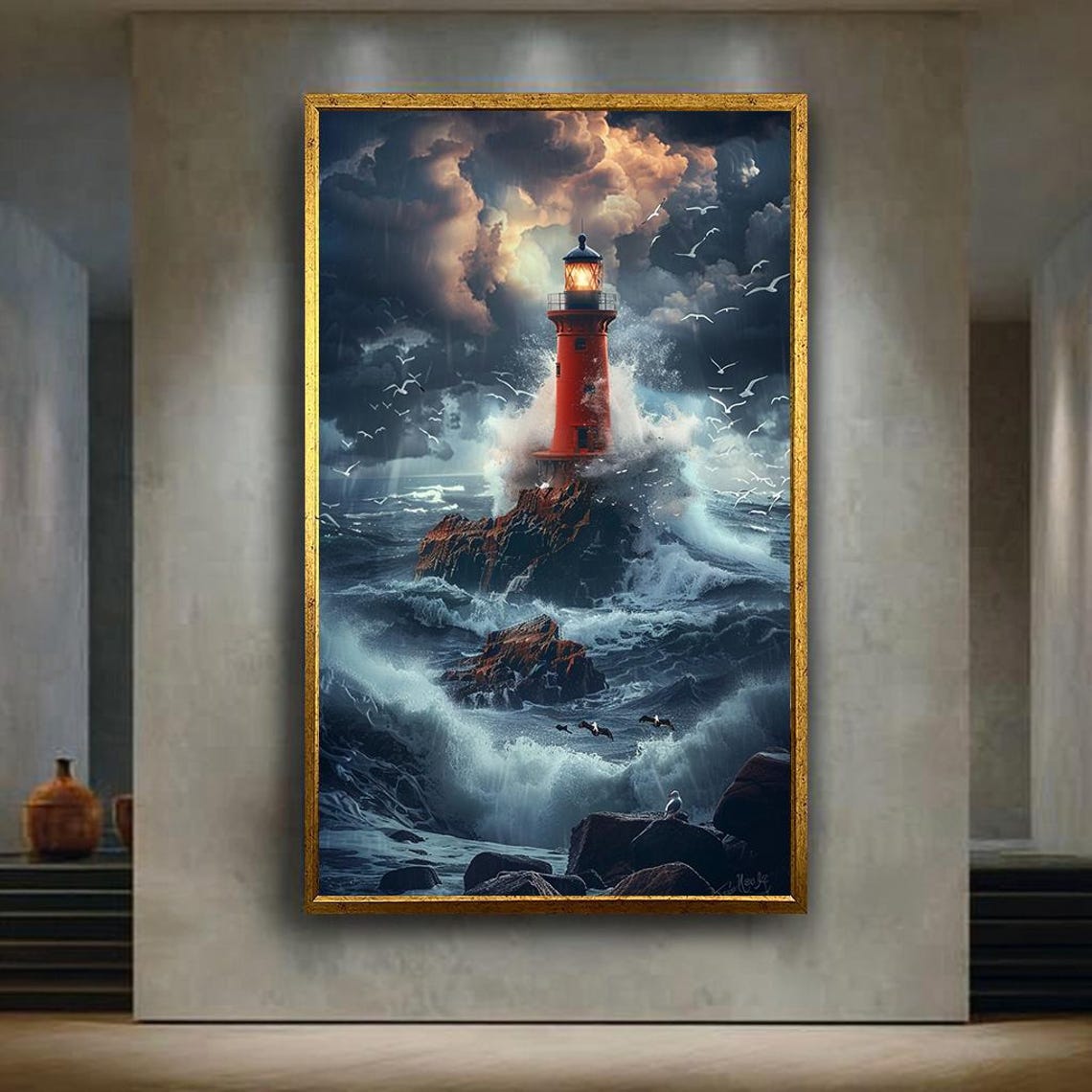 Red Lighthouse In Stormy Waves Dramatic Ocean Scene Nautical Poster