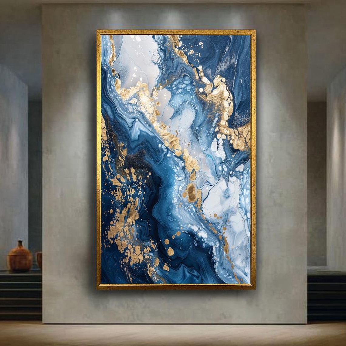 Abstract Navy Blue, White And Gold Art Print
